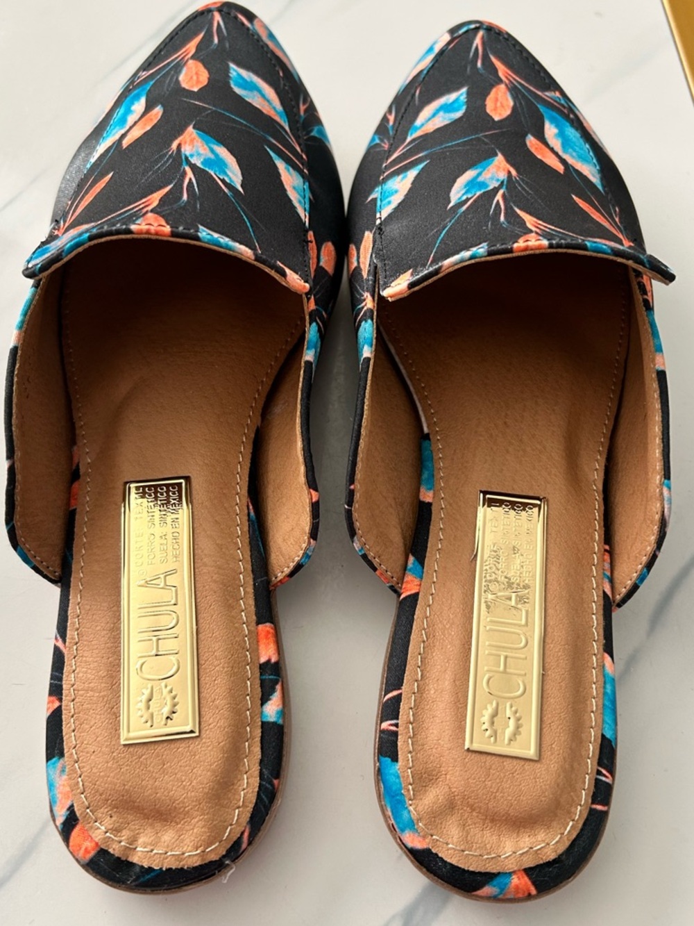 Chula Leaf Print Pointed Toe Mules | Black Satin Slip-On Flats 🌟Size 5 - Picture 2 of 8